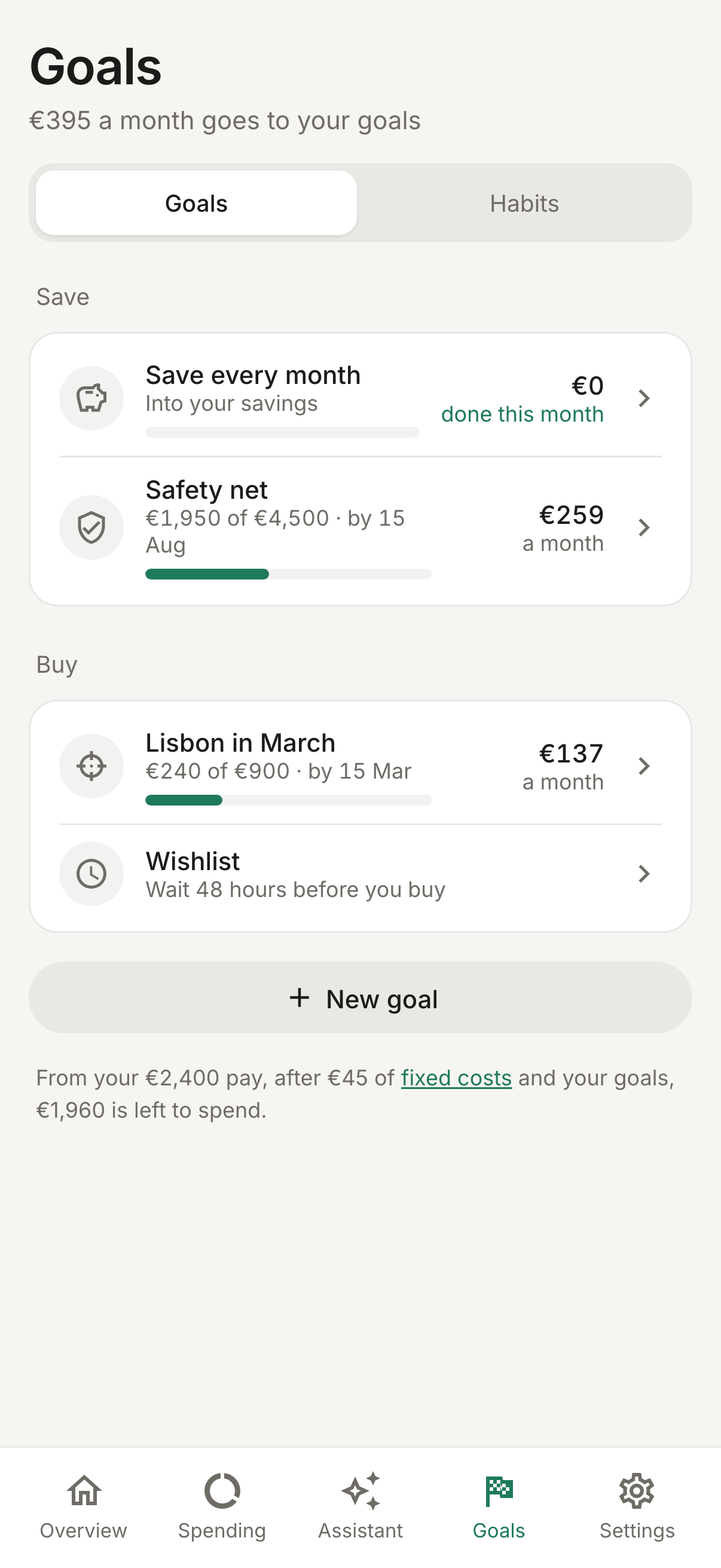 The Goals screen: goals, weekly habits and the wishlist