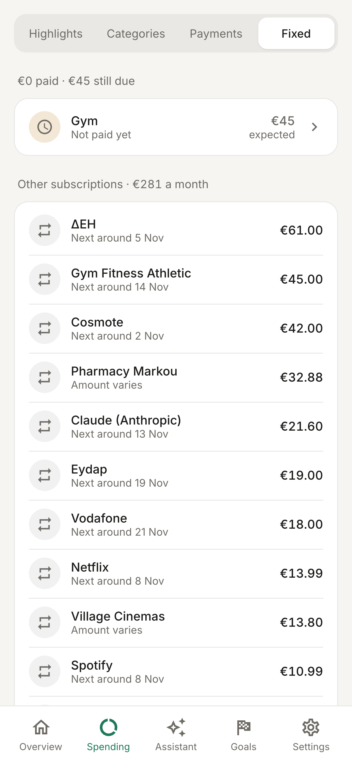 The Fixed tab: fixed costs paid or still due, then subscriptions